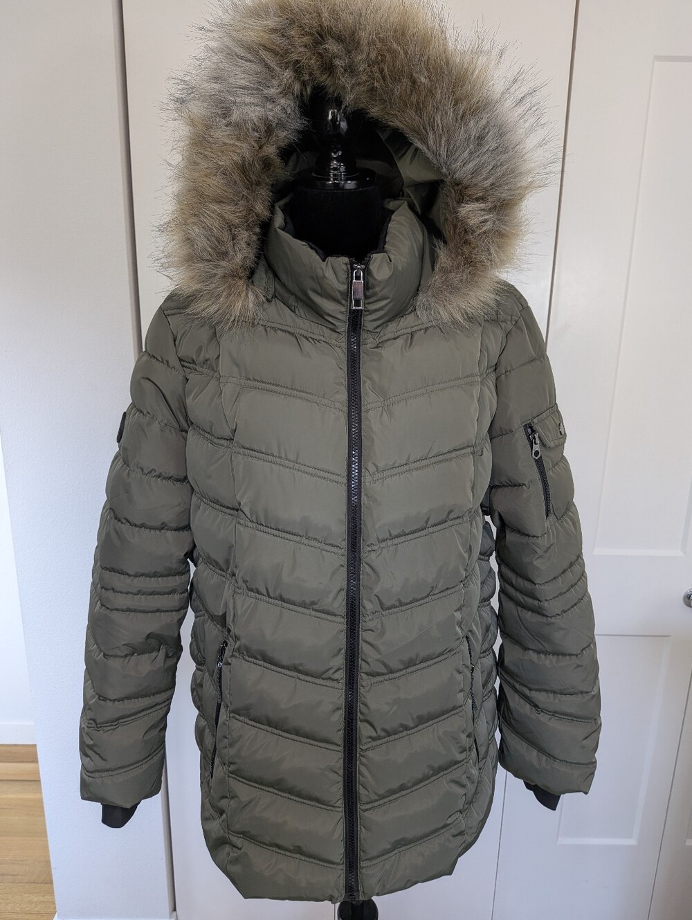 Nautica Ladies' Winter Jacket Puffer with Faux Fur Hood Army GREEN Size XXL EUC